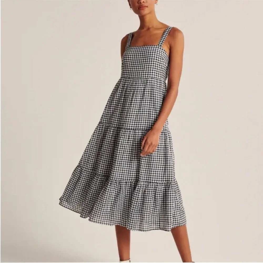 Abercrombie & Fitch Tiered Trapeze Midi Maxi Dress Gingham Large Black White